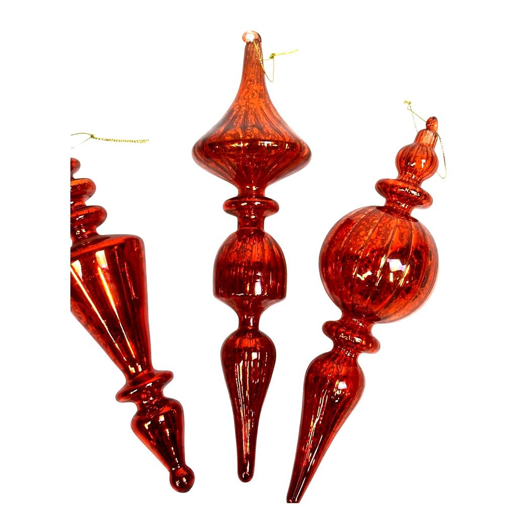 Red Mercury Glass 9" to 11" Vintage Finial Christmas Ornaments-Stunning-Set of 3 - Picture 3 of 7